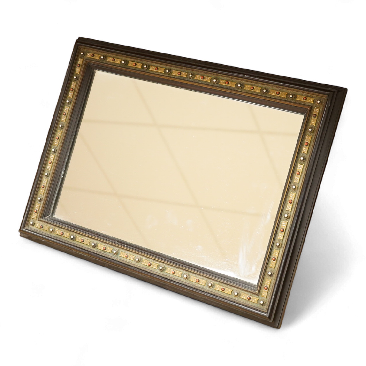 A Viennese strut mirror with inlaid metal detail, marked verso ‘Fr. Rosenberg Wien Graben 17’, 43 x 31cm